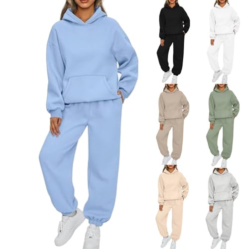 Earnmore Damen Hausanzug mit Kapuze 2 Teile, Damen Jogginganzug Set Sweatshirt mit Hose Elegant Freizeitanzug,Sport Hosenanzug Langarm Hoodie Hausanzug (Blau,M) von Earnmore