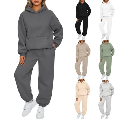 Earnmore Damen Hausanzug mit Kapuze 2 Teile, Damen Jogginganzug Set Sweatshirt mit Hose Elegant Freizeitanzug,Sport Hosenanzug Langarm Hoodie Hausanzug (Dunkelgrau,L) von Earnmore