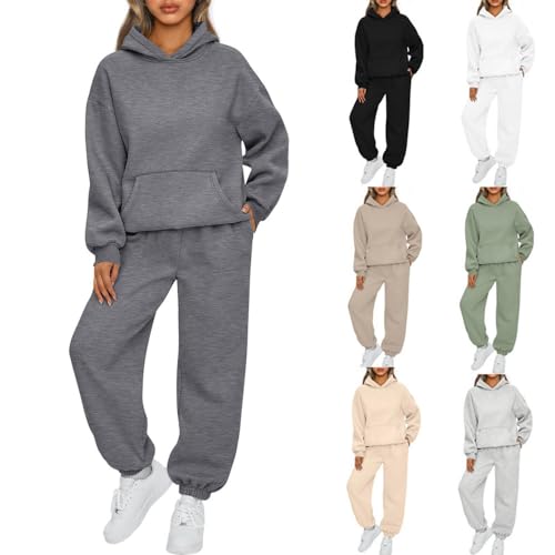 Earnmore Damen Hausanzug mit Kapuze 2 Teile, Damen Jogginganzug Set Sweatshirt mit Hose Elegant Freizeitanzug,Sport Hosenanzug Langarm Hoodie Hausanzug (Grau,M) von Earnmore
