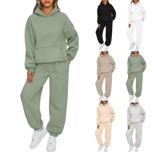 BAWUTZ Damen Hausanzug mit Kapuze 2 Teile, Damen Jogginganzug Set Sweatshirt mit Hose Elegant Freizeitanzug,Sport Hosenanzug Langarm Hoodie Damen Hausanzug (Grün,L) von BAWUTZ