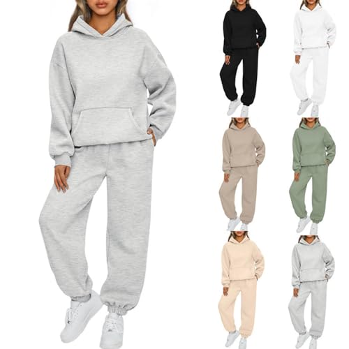 Earnmore Damen Hausanzug mit Kapuze 2 Teile, Damen Jogginganzug Set Sweatshirt mit Hose Elegant Freizeitanzug,Sport Hosenanzug Langarm Hoodie Hausanzug (Hellgrau,M) von Earnmore