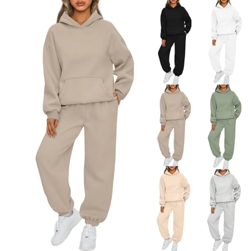 BAWUTZ Damen Hausanzug mit Kapuze 2 Teile, Damen Jogginganzug Set Sweatshirt mit Hose Elegant Freizeitanzug,Sport Hosenanzug Langarm Hoodie Damen Hausanzug (Khaki,S) von BAWUTZ