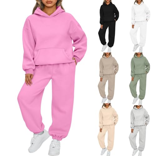 BAWUTZ Damen Hausanzug mit Kapuze 2 Teile, Damen Jogginganzug Set Sweatshirt mit Hose Elegant Freizeitanzug,Sport Hosenanzug Langarm Hoodie Damen Hausanzug (Rosa,S) von BAWUTZ