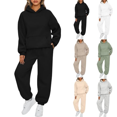 BAWUTZ Damen Hausanzug mit Kapuze 2 Teile, Damen Jogginganzug Set Sweatshirt mit Hose Elegant Freizeitanzug,Sport Hosenanzug Langarm Hoodie Damen Hausanzug (Schwarz,L) von BAWUTZ