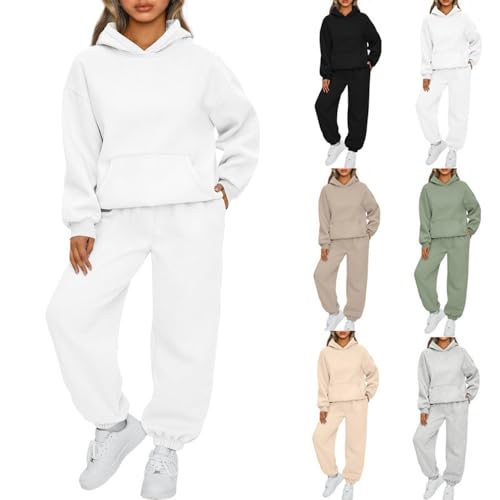 BAWUTZ Damen Hausanzug mit Kapuze 2 Teile, Damen Jogginganzug Set Sweatshirt mit Hose Elegant Freizeitanzug,Sport Hosenanzug Langarm Hoodie Damen Hausanzug (Weiß,S) von BAWUTZ