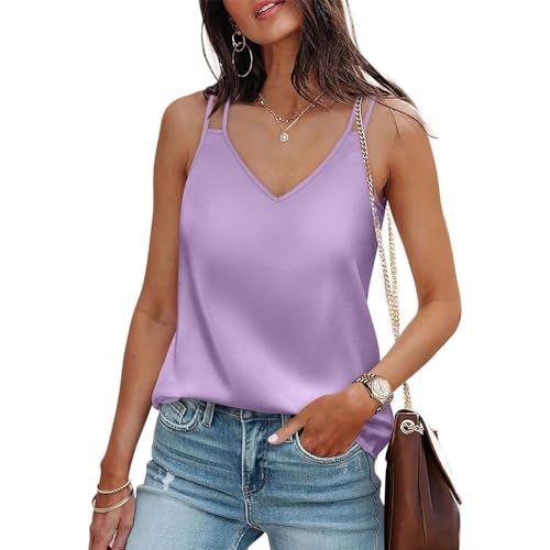 BAWUTZ Damen Satin Tank Top,V-Ausschnitt Cami Ämellose Blusen, Ärmellose Blusentop,Seide Cami Camisole Spaghettiträger,V-Ausschnitt Basic Tanks Strap (Lila,XXL) von BAWUTZ