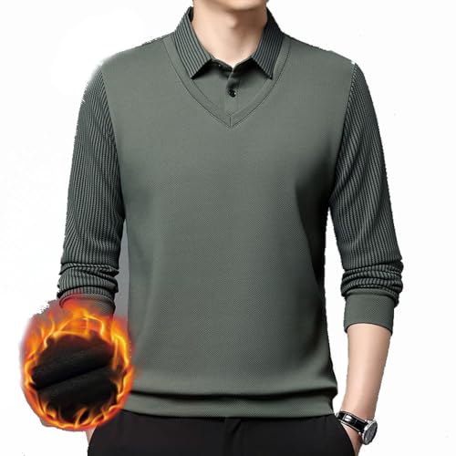 BAWUTZ Freizeitmode Business Poloshirt,Herren Poloshirt Langarm, bequemes Polo mit lässigem Kragen，Gefälschtes Zweiteiliges Poloshirt Für Herren,Longsleeve Langarmshirt Männer (Grün,L) von BAWUTZ