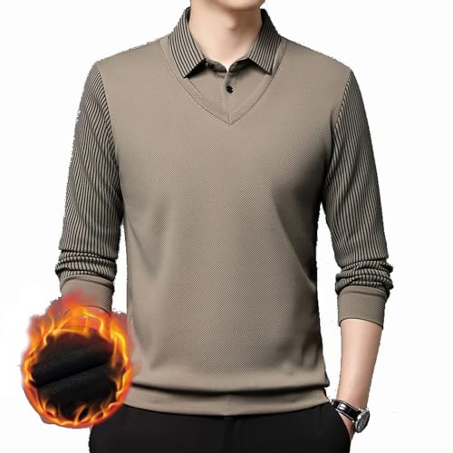 BAWUTZ Freizeitmode Business Poloshirt,Herren Poloshirt Langarm, bequemes Polo mit lässigem Kragen，Gefälschtes Zweiteiliges Poloshirt Für Herren,Longsleeve Langarmshirt Männer (Khaki,L) von BAWUTZ