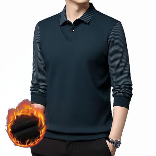 BAWUTZ Freizeitmode Business Poloshirt,Herren Poloshirt Langarm, bequemes Polo mit lässigem Kragen，Gefälschtes Zweiteiliges Poloshirt Für Herren,Longsleeve Langarmshirt Männer (Navy Blau,L) von BAWUTZ