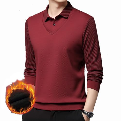 BAWUTZ Freizeitmode Business Poloshirt,Herren Poloshirt Langarm, bequemes Polo mit lässigem Kragen，Gefälschtes Zweiteiliges Poloshirt Für Herren,Longsleeve Langarmshirt Männer (Rot,M) von BAWUTZ