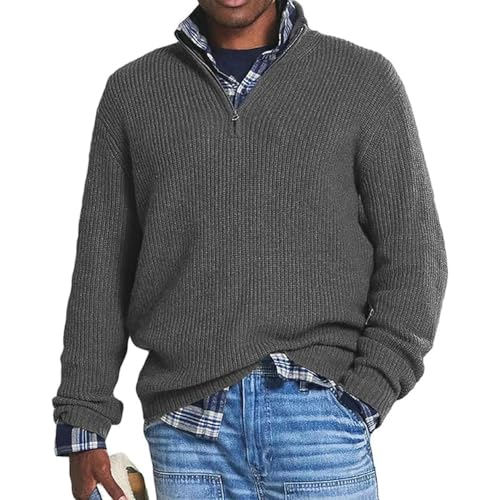 BAWUTZ Herren-Kaschmir-Business-Casual-Reißverschlusspullover, Herren-Pullover mit Lockerem Reißverschluss und Stehkragen, Herren Rollkragenpullover gestrickt mit 1/4-Reißverschluss (Grau,L) von BAWUTZ