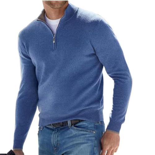 BAWUTZ Herren Kaschmir Reißverschluss Basic Pullover, Herren-Poloshirt, klassisch,Herren-Pullover mit V-Halsausschnitt, langärmelig, weicher Griff, Viertelreißverschluss (Blau,XXL) von BAWUTZ