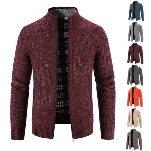 BAWUTZ Herren Strickjacke mit Reissverschluss,Warm Casual Stehkragen Strickjacke,Dicker Pullover,Wintermantel Cardigan mit Reißverschluß Street Style Winterjacke (Rotwein,XL) von BAWUTZ