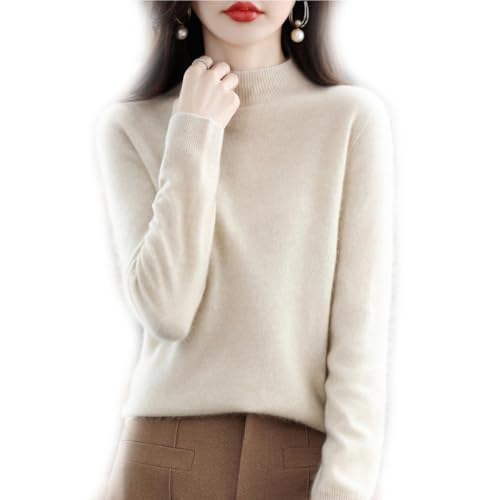 BAWUTZ Kaschmirpullover für Damen,100% Casual Solid Pullover, Sweater Basic Lose Rollkragen Pullover Bluse Tops, Stehkragen Strickpulli Langarm Rolli Sweater für Herbst Winter (Cremefarben,L) von BAWUTZ