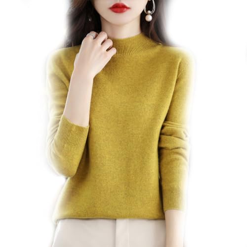 BAWUTZ Kaschmirpullover für Damen,100% Casual Solid Pullover, Sweater Basic Lose Rollkragen Pullover Bluse Tops, Stehkragen Strickpulli Langarm Rolli Sweater für Herbst Winter (Gelb,3XL) von BAWUTZ