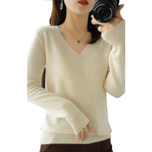 BAWUTZ Kaschmirpullover für Damen,V-Hals Pullover Herbst und Winter Pullover,Strickpulli Langarm Rolli Sweater für Herbst Winter, 100% Wolle Kaschmir Pullover Damen Lose Casual Strick (Aprikose,XL) von BAWUTZ