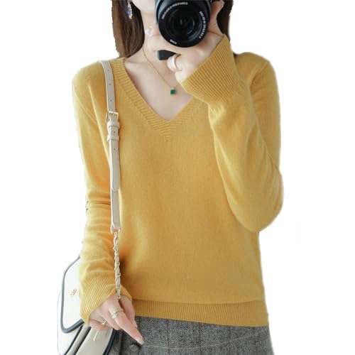 BAWUTZ Kaschmirpullover für Damen,V-Hals Pullover Herbst und Winter Pullover,Strickpulli Langarm Rolli Sweater für Herbst Winter, 100% Wolle Kaschmir Pullover Damen Lose Casual Strick (Gelb,XXL) von BAWUTZ