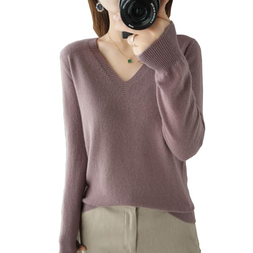 BAWUTZ Kaschmirpullover für Damen,V-Hals Pullover Herbst und Winter Pullover,Strickpulli Langarm Rolli Sweater für Herbst Winter, 100% Wolle Kaschmir Pullover Damen Lose Casual Strick (Lila,M) von BAWUTZ