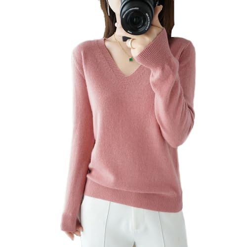 BAWUTZ Kaschmirpullover für Damen,V-Hals Pullover Herbst und Winter Pullover,Strickpulli Langarm Rolli Sweater für Herbst Winter, 100% Wolle Kaschmir Pullover Damen Lose Casual Strick (Rosa,XL) von BAWUTZ