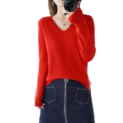 BAWUTZ Kaschmirpullover für Damen,V-Hals Pullover Herbst und Winter Pullover,Strickpulli Langarm Rolli Sweater für Herbst Winter, 100% Wolle Kaschmir Pullover Damen Lose Casual Strick (Rot,XXL) von BAWUTZ