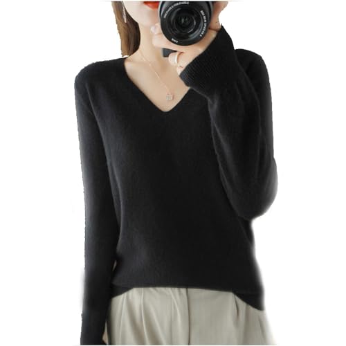 BAWUTZ Kaschmirpullover für Damen,V-Hals Pullover Herbst und Winter Pullover,Strickpulli Langarm Rolli Sweater für Herbst Winter, 100% Wolle Kaschmir Pullover Damen Lose Casual Strick (Schwarz,XXL) von BAWUTZ