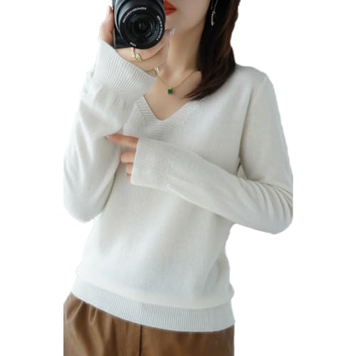 BAWUTZ Kaschmirpullover für Damen,V-Hals Pullover Herbst und Winter Pullover,Strickpulli Langarm Rolli Sweater für Herbst Winter, 100% Wolle Kaschmir Pullover Damen Lose Casual Strick (Weiß,XL) von BAWUTZ