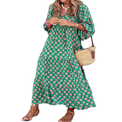 BAWUTZ Langes Kleid für Damen, Boho-Blumenmuster,V-Ausschnitt, Bohemian-Stil, Strandurlaub, Maxikleider, fließendes Kleid mit Blumendruck, böhmisches geometrisches Muster, Lange Maxi-Kleider (S,Grün) von BAWUTZ