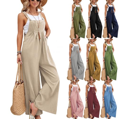 BAWUTZ Latzhose Damen Weite Bein Schlag, Mit Tasche Loose Fit Baggy Playsuits Sommer Lang Hosen Baggy Jumpsuits Frauen Lose Lätzchen Overall mit Verstellbaren (Khaki,XXL) von BAWUTZ