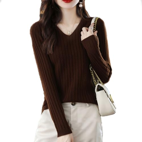 BAWUTZ Pullover Damen Winter Strick, V-Ausschnitt Langarm Strickpullover,Strickpulli Langarm Sweater für Herbst Winter,Dein kuscheliger Premium Strickpullover für stilvolle Herb (Kaffeefarbe,XL) von BAWUTZ