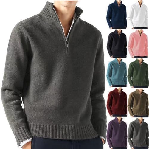 BAWUTZ Herren Pullover mit V-Ausschnitt und Stehkragen, Slim Fit, Langarm, Grau, Einfarbig, Reißverschluss, Winter, Größe 38/40 von BAWUTZ