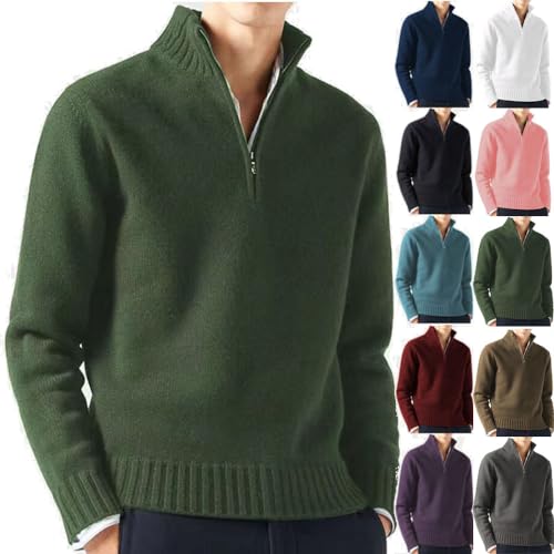 BAWUTZ Pullover Herren Zip up Stehkragen, Herren Komfort Strickpullover Herren Winter 1/4 Zip Pulli Sweater,V Ausschnitt Freizeit Slim fit Solide Basic Männer Pullover (Grün,L) von BAWUTZ