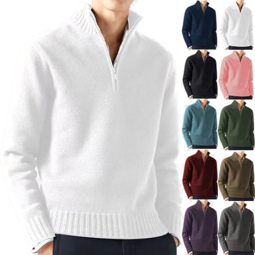 BAWUTZ Pullover Herren Zip up Stehkragen, Herren Komfort Strickpullover Herren Winter 1/4 Zip Pulli Sweater,V Ausschnitt Freizeit Slim fit Solide Basic Männer Pullover (Weiß,L) von BAWUTZ