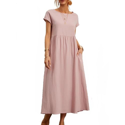 BAWUTZ Sommerkleid Damen Leinen Kleider, Shirtkleider Freizeitkleid mit Taschen,Damen Kleid, Baumwoll Leinen Kleider, Vintage Einfarbig Sommerkleid (Rosa,L) von BAWUTZ