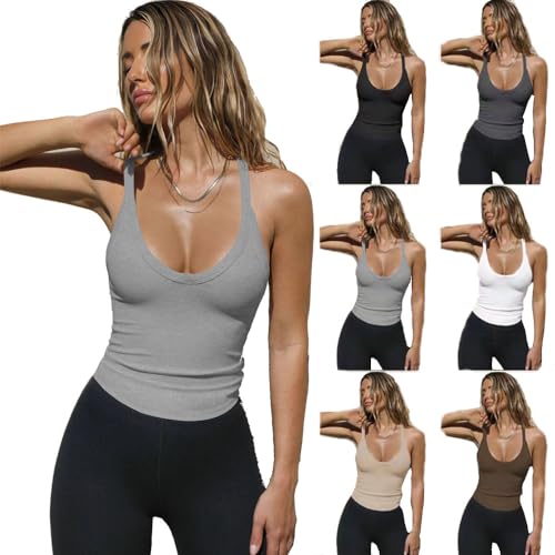 BAWUTZ Tank Tops Damen,Ärmellose Tank Tops Racerback Rundhals,Sommer Lässige Weste Rundhals Blusen Sexy Oberteile,Ärmellose Sommer Tops Elastische Tank Top Slim Fit Unterhemden Damen (Grau,S) von BAWUTZ