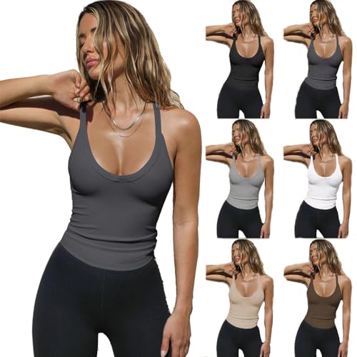 BAWUTZ Tank Tops Damen,Ärmellose Tank Tops Racerback Rundhals,Sommer Lässige Weste Rundhals Blusen Sexy Oberteile,Ärmellose Sommer Tops Elastische Tank Top Slim Fit Unterhemden Damen (Dunkelgrau,L) von BAWUTZ