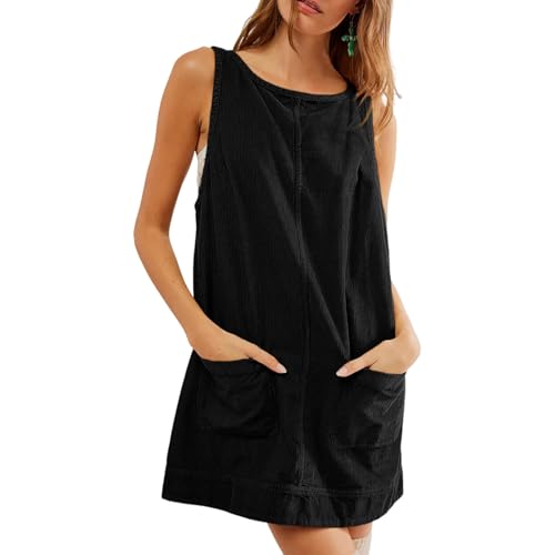 Cord-Overallkleid für Damen, Cord-Pulloverkleid in A-Linie für Damen, Mini-Rollerrock mit hohem Bund und Taschen, Rundhals-Pullover-Minikleid in A-Linie mit Taschen (Black,L) von BAWUTZ