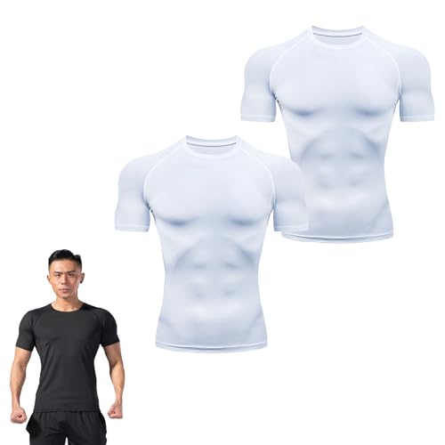 Herren Kompressionsshirt Kurzarm, Compression Slimming Body Shaper Vest,kurzärmliges Funktionsshirt Atmungsaktiv Sportshirt Männer für Running Workout Jogging Fitness Gym (S,Weiß) von BAWUTZ