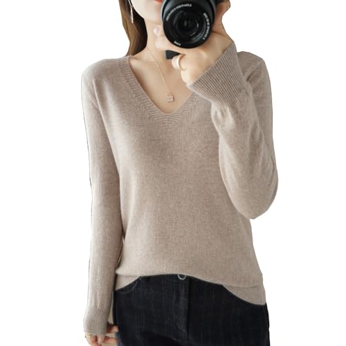 Kaschmirpullover für Damen,V-Hals Pullover Herbst und Winter Pullover,Strickpulli Langarm Rolli Sweater für Herbst Winter, 100% Wolle Kaschmir Pullover Damen Lose Casual Strick (Beige,XL) von BAWUTZ
