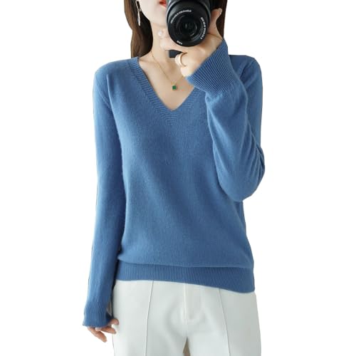 Kaschmirpullover für Damen,V-Hals Pullover Herbst und Winter Pullover,Strickpulli Langarm Rolli Sweater für Herbst Winter, 100% Wolle Kaschmir Pullover Damen Lose Casual Strick (Blau,M) von BAWUTZ