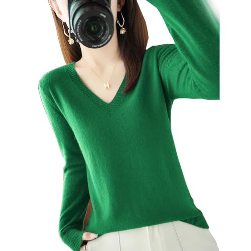Kaschmirpullover für Damen,V-Hals Pullover Herbst und Winter Pullover,Strickpulli Langarm Rolli Sweater für Herbst Winter, 100% Wolle Kaschmir Pullover Damen Lose Casual Strick (Dunkelgrün,M) von BAWUTZ