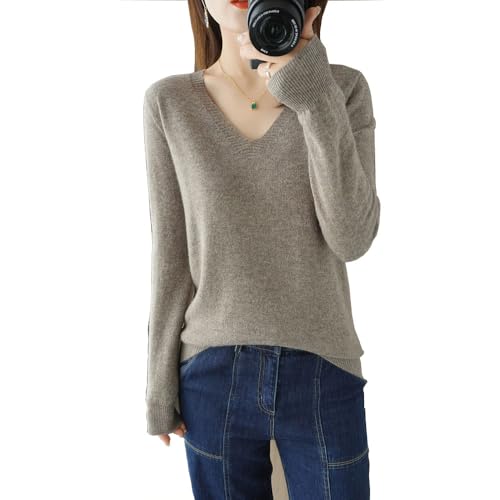 Kaschmirpullover für Damen,V-Hals Pullover Herbst und Winter Pullover,Strickpulli Langarm Rolli Sweater für Herbst Winter, 100% Wolle Kaschmir Pullover Damen Lose Casual Strick (Dunkles Kamel,XL) von BAWUTZ