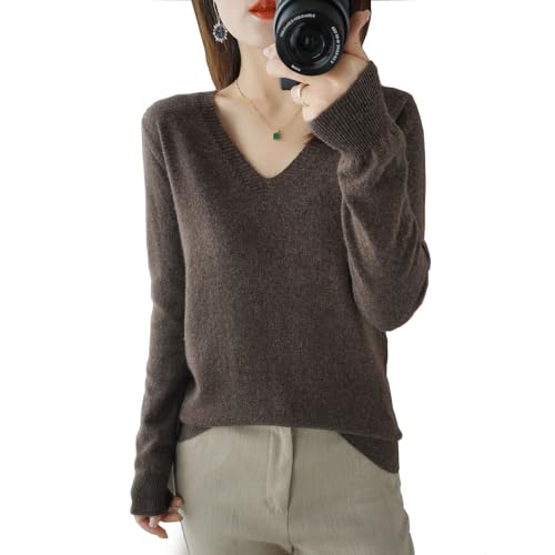 Kaschmirpullover für Damen,V-hals Pullover Herbst und Winter Pullover,Strickpulli Langarm Rolli Sweater für Herbst Winter, 100% Wolle Kaschmir Pullover Damen Lose Casual Strick (Dunkelbraun,XXL) von BAWUTZ