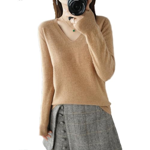Kaschmirpullover für Damen,V-hals Pullover Herbst und Winter Pullover,Strickpulli Langarm Rolli Sweater für Herbst Winter, 100% Wolle Kaschmir Pullover Damen Lose Casual Strick (Goldenes Kamel,XXL) von BAWUTZ