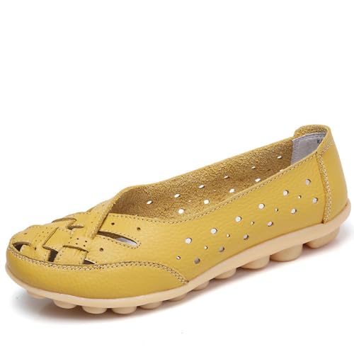 Klassische Penny Loafers für Frauen, Atmungsaktive Mokassins-Schuhe, Damen Bequeme Leder-Loafer zum Hineinschlüpfen, Orthopädische Slipper,orthopädische Slipper aus atmungsaktivem Leder (39,Gelb) von BAWUTZ