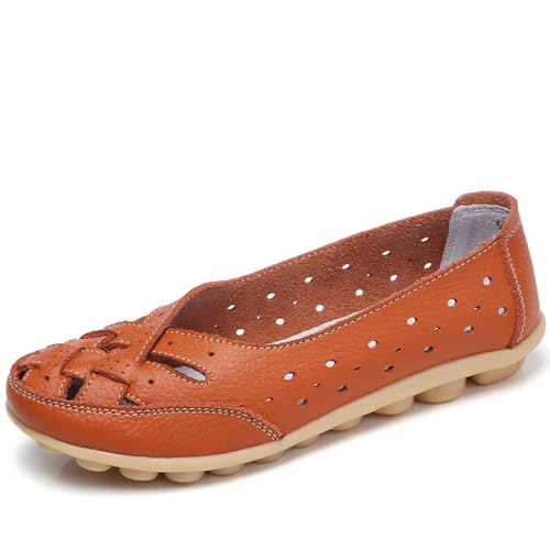 Klassische Penny Loafers für Frauen, Atmungsaktive Mokassins-Schuhe, Damen Bequeme Leder-Loafer zum Hineinschlüpfen, Orthopädische Slipper,orthopädische Slipper aus atmungsaktivem Leder (37,Orange) von BAWUTZ