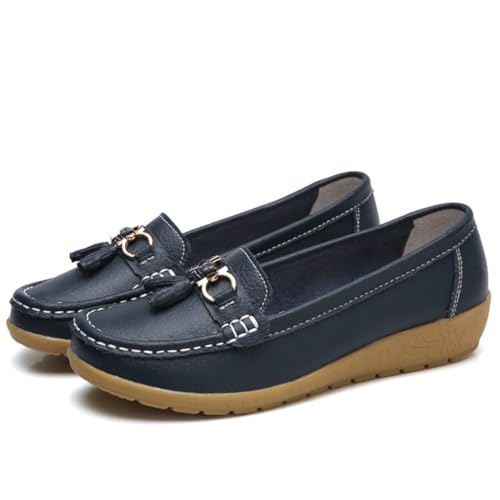 Klassische Penny Loafers für Frauen, Atmungsaktive Mokassins-Schuhe für Damen, orthopädische Schuhe für Damen,Breathable Leather Breathable Casual Shoes for Women,Hiking Shoes (35 EU,Dunkelblau) von BAWUTZ