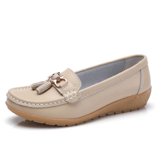 Klassische Penny Loafers für Frauen, Atmungsaktive Mokassins-Schuhe für Damen, orthopädische Schuhe für Damen,Breathable Leather Breathable Casual Shoes for Women,Hiking Shoes (37 EU,Beige) von BAWUTZ