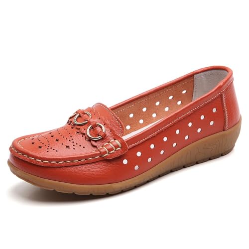 Klassische Penny Loafers für Frauen,Bequeme und leichte Penny-Loafer für Damen zum Hineinschlüpfen, orthopädische Schuhe für Damen,Breathable Leather Breathable Casual Shoes for Women (35,Orange B) von BAWUTZ