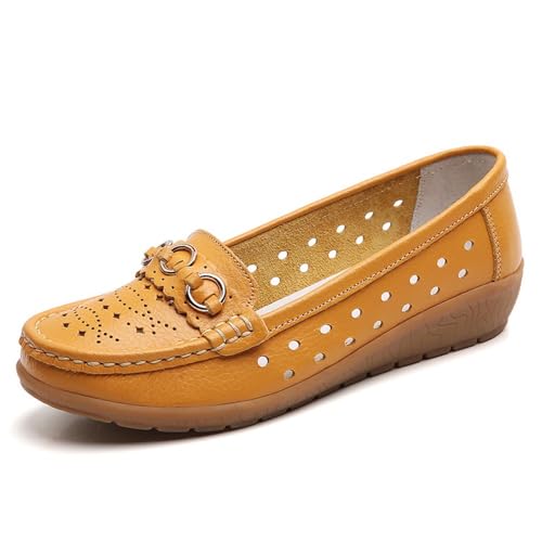 Klassische Penny Loafers für Frauen,Bequeme und leichte Penny-Loafer für Damen zum Hineinschlüpfen, orthopädische Schuhe für Damen,Breathable Leather Breathable Casual Shoes for Women (36,Gelb B) von BAWUTZ