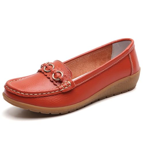 Klassische Penny Loafers für Frauen,Bequeme und leichte Penny-Loafer für Damen zum Hineinschlüpfen, orthopädische Schuhe für Damen,Breathable Leather Breathable Casual Shoes for Women (36,Orange A) von BAWUTZ